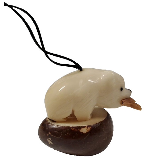 Tagua Nut Carving Polar Bear With Fish Hanging Ornament - Picture 4 of 7